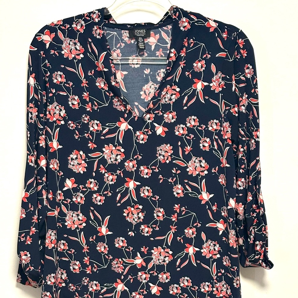 Jones New York Pink and Blue Buttoned Blouse with Notched Collar